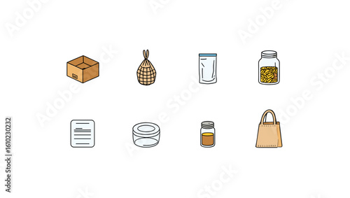 Various packaging containers including box bag jar and bottle for product storage and transportation needs