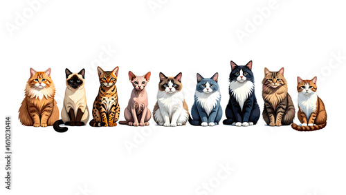 Collection of diverse cat breeds showcasing various colors and patterns feline friends pet animal domesticity
