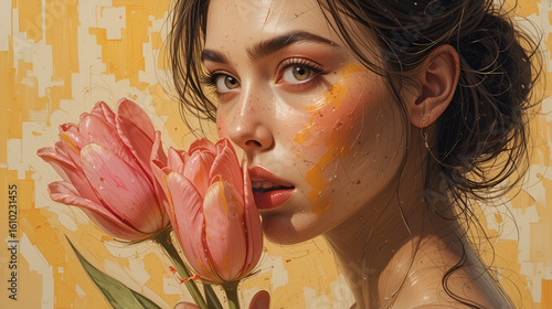 pink tulips beige background yellow oil thin strokes orange extremely expressive face leading color holding intimately historic