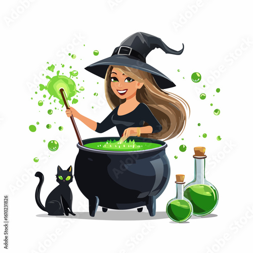 Whimsical Witch’s Brew: A charming young witch with long hair, brews a vibrant potion in her cauldron, accompanied by a sleek black cat. Magical and playful.