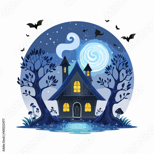 Enchanted Twilight: A whimsical illustration captures a tranquil scene of a house at night under a radiant full moon. Surrounding the house are silhouettes of trees and bats.