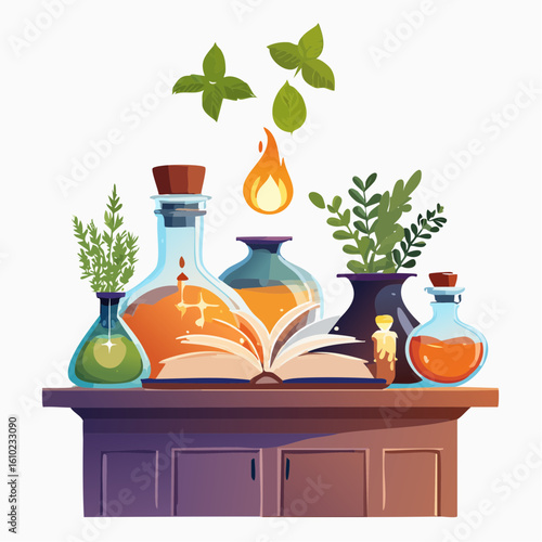 Magical Potion Creation: A vibrant illustration showcasing a collection of magical potion bottles with colorful liquids and herbs, alongside an open spellbook and a small flame in the center