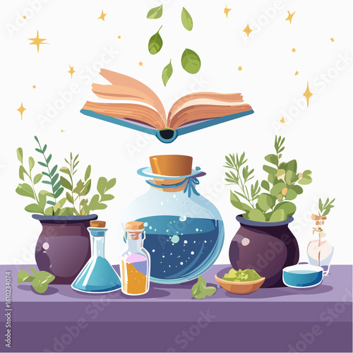 Mystical Botanical Ritual: An open, aged spellbook levitates above a collection of vibrant potions, and potted greenery, with leaves elegantly drifting down.