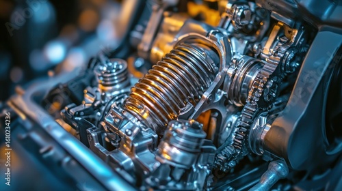 A detailed macro shot of a car gearbox with exposed metal components interlocking gears and a faint oil shee