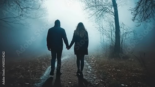 Silhouette Couple Walking in a Misty Forest