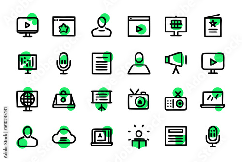 Comprehensive collection of communication and information symbols featuring broadcast print digital media and journalistic elements for modern design projects