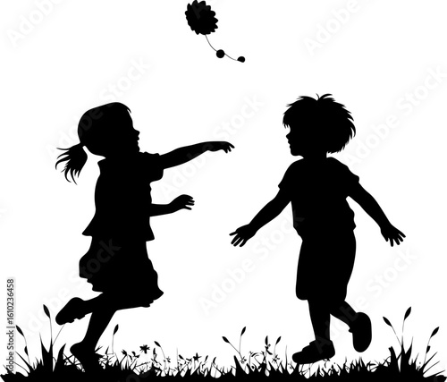 children boys and girls playing happily silhouette