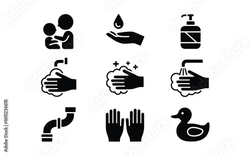 Hand washing hygiene and baby care icon set