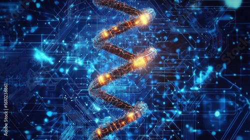 A conceptual illustration of human genes intertwined with circuitry symbolizing genetic engineering and artificial intelligence