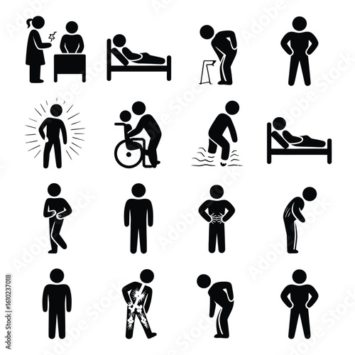 Human silhouettes depicting health issues and care icon set