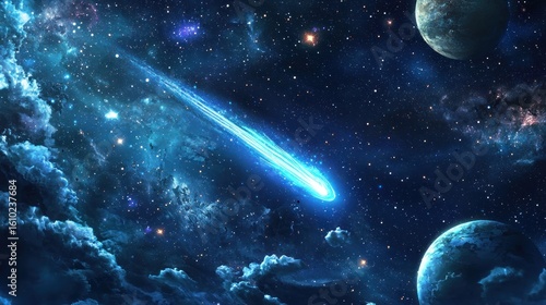 A digital illustration of a comet flying through space past planets and stars representing exploration and wonder