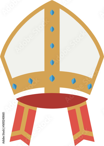 Minimalist Flat Vector of a Bishop Mitre with Blue Gems and Red Lappets