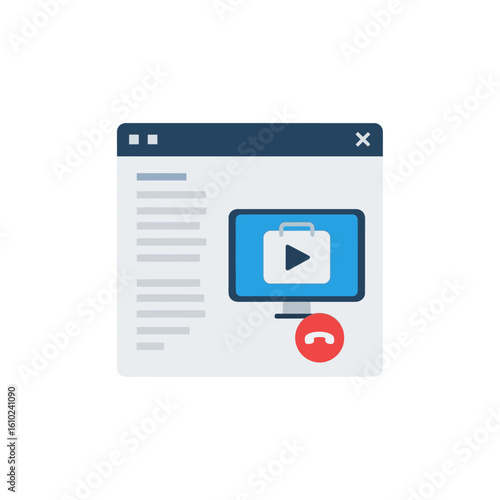 A computer screen displays a video call interface with a briefcase icon and a red hang-up button, suggesting a business meeting or presentation.