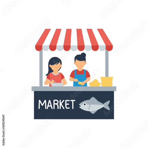Illustration of a market stall with two vendors selling fish, under a red and white striped awning.
