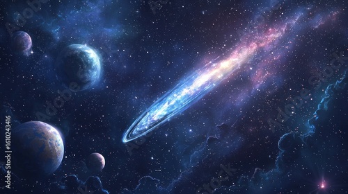 A digital illustration of a comet flying through space past planets and stars representing exploration and wonder
