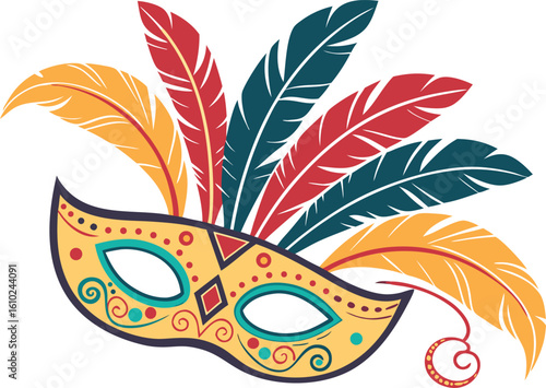 Festive carnival mask with colorful feathers for masquerade ball or party