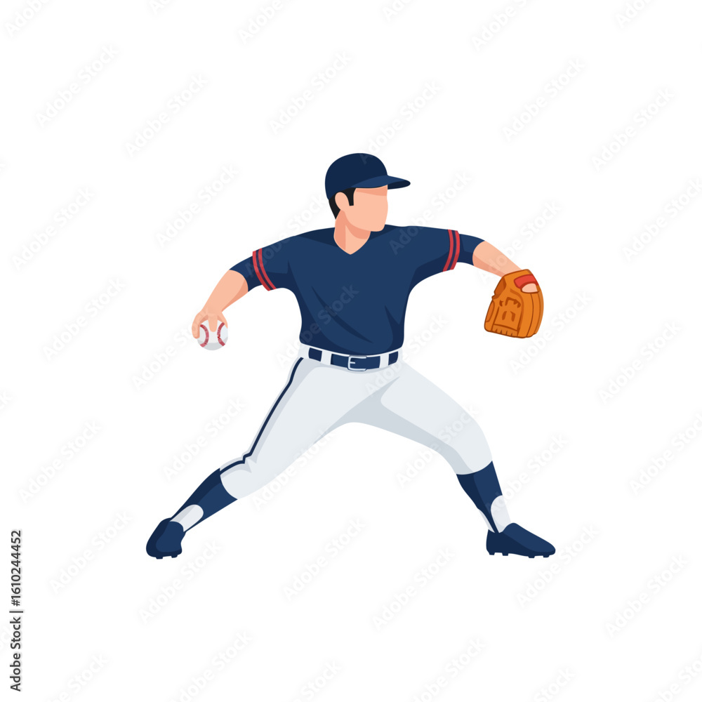 Naklejka premium Baseball pitcher in a blue uniform, poised to throw a ball, wearing a glove, isolated on a white background.