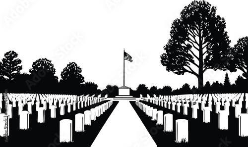 Black and white illustration of a military cemetery with American flag