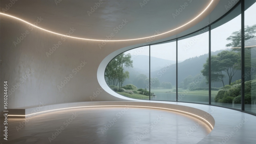 Fototapeta premium Modern Interior with Curved Window and Natural View