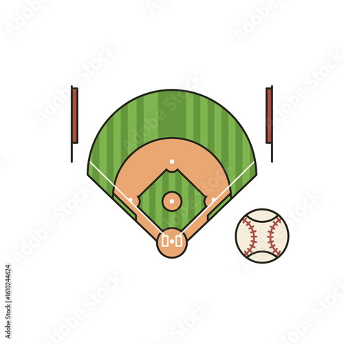 Illustration of a baseball field with green grass, bases, and a baseball on a white background.