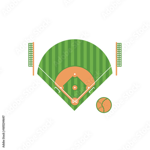 Overhead view of a baseball field diagram with green grass, orange base paths, and a baseball on a white background.