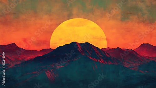 A vibrant sunset casts a warm glow over the majestic mountain range, creating a scenic vista