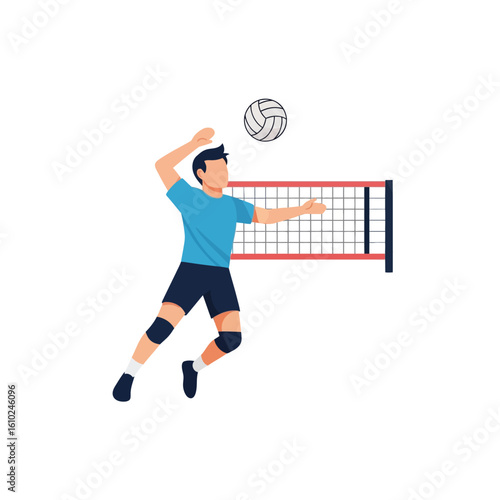 An illustration of a volleyball player spiking the ball over the net, wearing a blue shirt and dark shorts, against a white background.