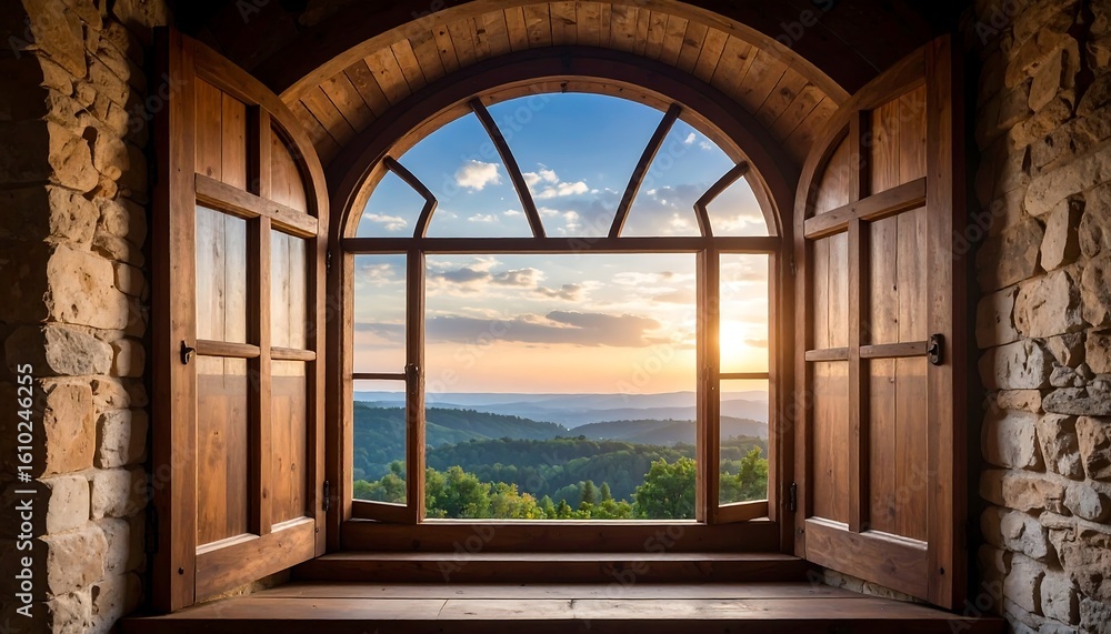 Wooden arch window with sunset view Wooden arch window with sunset view