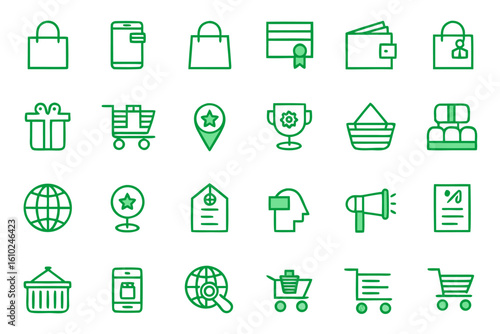 Collection of modern outline graphics for online retail and e commerce platforms featuring diverse shopping and business elements in a clean style