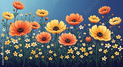 A colorful wild pattern with flowers and leaves