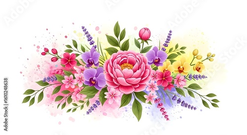 A colorful wild pattern with flowers and leaves