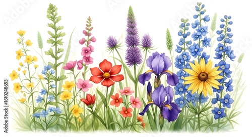 A colorful wild pattern with flowers and leaves