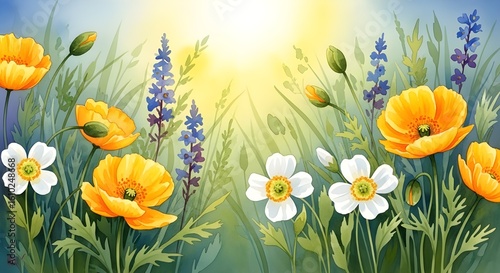 A colorful wild pattern with flowers and leaves