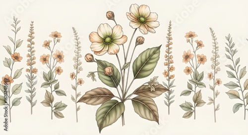 A colorful wild pattern with flowers and leaves