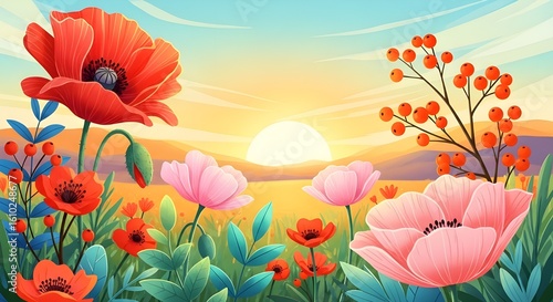 A colorful wild pattern with flowers and leaves