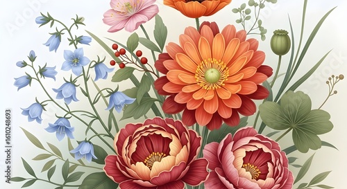 A colorful wild pattern with flowers and leaves