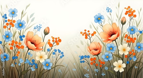 A colorful wild pattern with flowers and leaves 