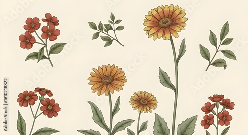 A colorful wild pattern with flowers and leaves 