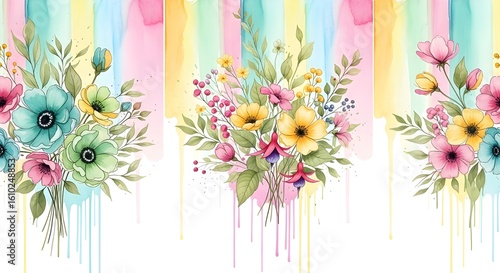 A colorful wild pattern with flowers and leaves 