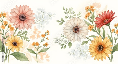 A colorful wild pattern with flowers and leaves 