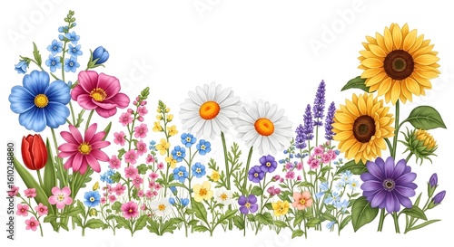 A colorful wild pattern with flowers and leaves 