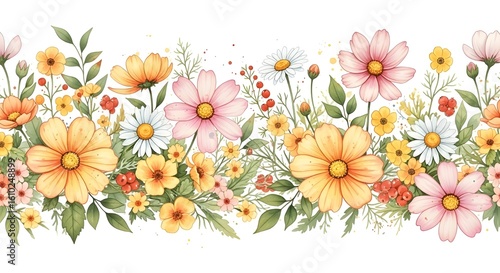 A colorful wild pattern with flowers and leaves 