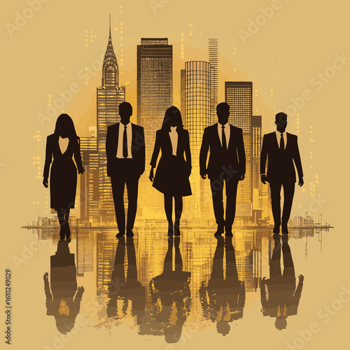 Silhouette of business team in formal attire against a city skyline background, vector style simple color