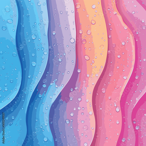 Dewdrops on a colorful background, abstract design, vibrant blue tones, refreshing atmosphere, vector style simple color