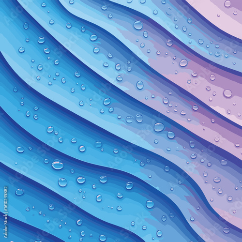 Dewdrops on a colorful background, abstract design, vibrant blue tones, refreshing atmosphere, vector style simple color
