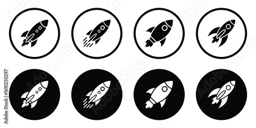 Rocket icon set. Space mission icons. Rocket launching into space. Collection of rockets symbolizing speed, progress, launch, new beginning, innovation and rapid growth.