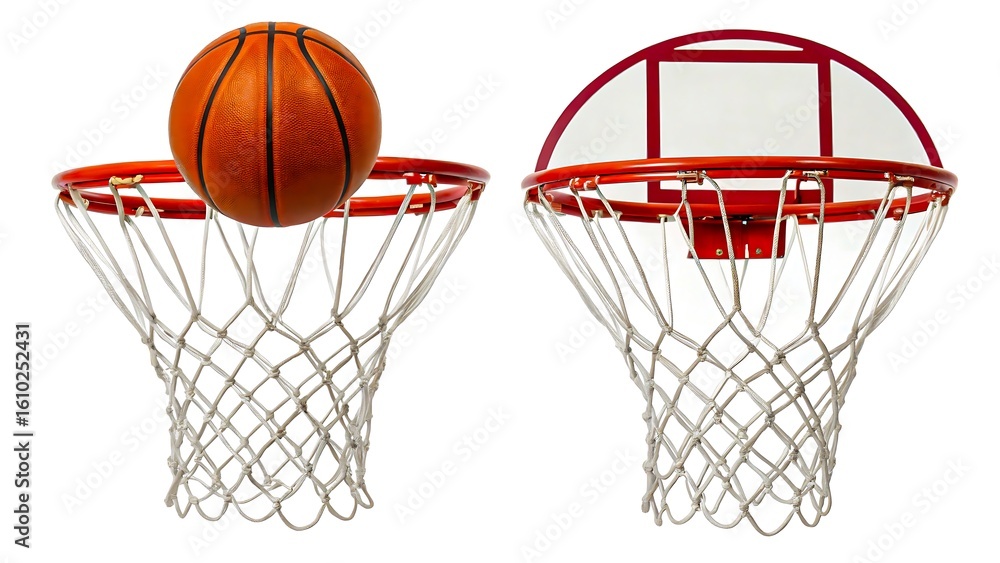 Basketball ball entering red hoop net on white background sports action
Basketball ball entering red hoop net on white background sports action