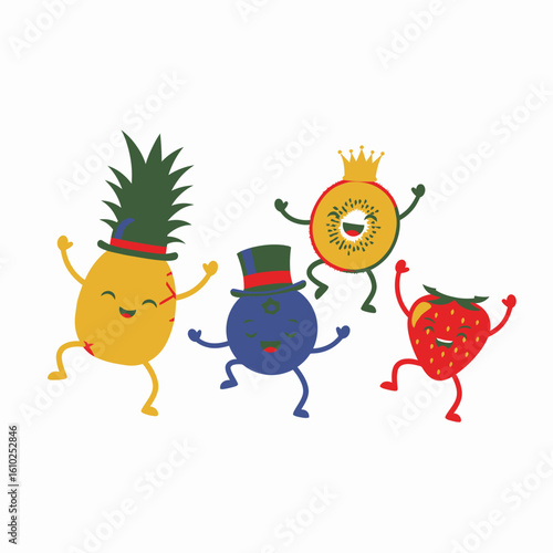 Four cute cartoon fruit characters, a pineapple, blueberry, kiwi, and strawberry, are happily dancing together.