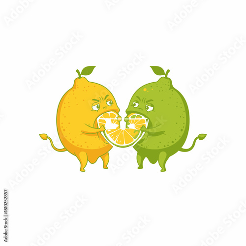 Two angry cartoon citrus fruits, a lemon and a lime, fight over a shared slice.