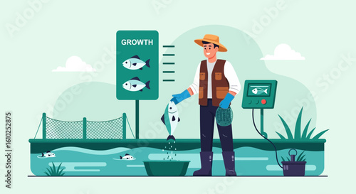 Aquaculture Worker Monitoring Fish Growth And Health For Farm Management